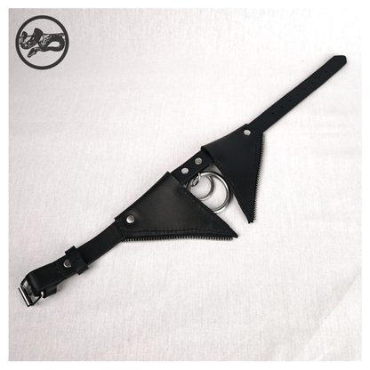 FLEDERTIER – SABBATH choker necklace laid out opened up on a white background, showing the back view of black leather with stainless steel and zinc alloy hardware and handpainted red bat wing ornaments, by skinpressedtight.