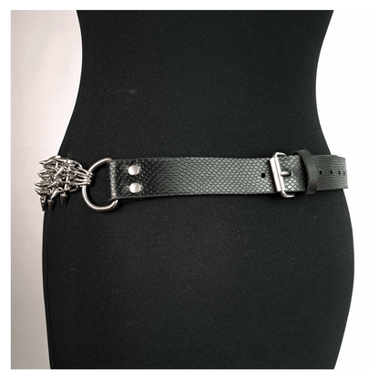 KLINGENSÄNGER — VIPER edition belt back side view on black mannequin, showing black viper print leather and chainspike metal hardware with fang studs — edgy handcrafted gothic belt by skinpressedtight