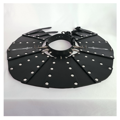 BLUTSPUR leather gorget laid out open: the fan of riveted black leather panels and the spiked neck strap. Handmade by skinpressedtight