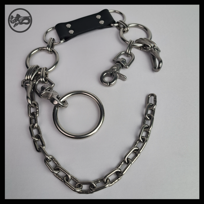 FROSTGLANZ chain necklace open, laid flat: black leather neckpiece with D-rings, one stainless rein hook unclipped, the large O-ring and the chain swag below. Handmade by skinpressedtight