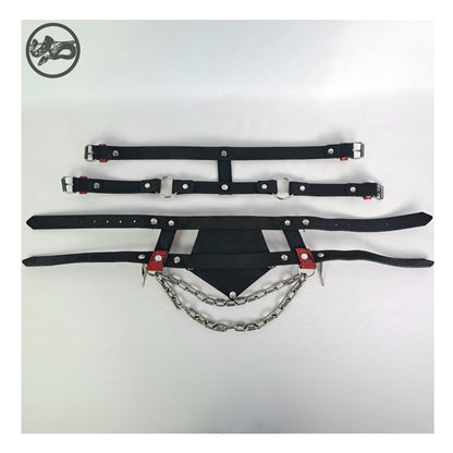 PURGATORIUM – DĀMONROT harness belt laid out, inside: black leather straps with buckles and rings, the back of the front panel and the chains. Handmade by skinpressedtight