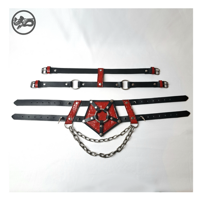 PURGATORIUM – DĀMONROT harness belt laid out open: upper and lower black leather straps, red pentagram front panel and hanging chains. Handmade by skinpressedtight