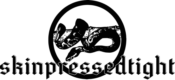 Composite graphic showing the skinpressedtight logo layered on top of the snake sigil.