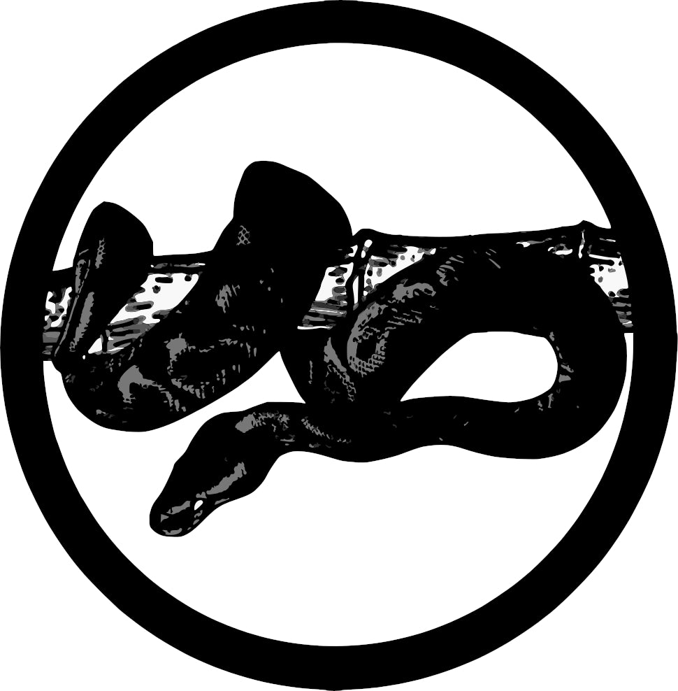 skinpressedtight logo. Round graphic showing snake clasping bamboo stick. Black on White background.